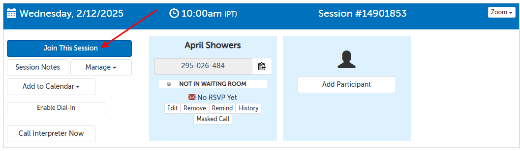 Arrow pointing at the "Join This Session" button that is visible to scheduler users