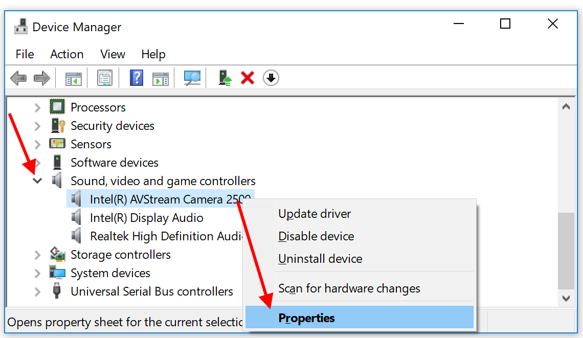 Properties for camera driver