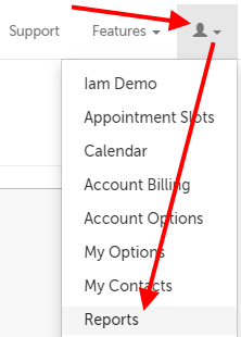 Arrow pointing at the profile icon, and then the Reports menu item