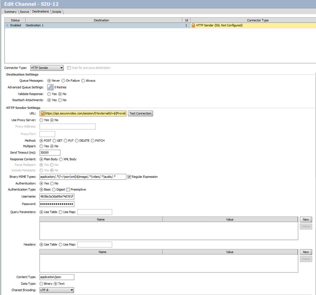 Example showing settings for creating a SIU-12 Destination Connector in MirthConnect